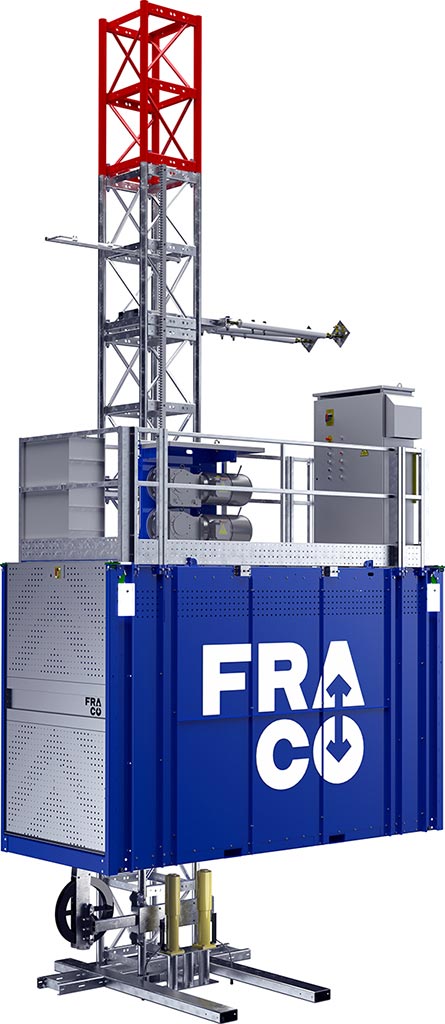 A Fraco SEH Series construction hoist showcasing a blue car with the Fraco logo. This model includes a red tower and a control panel, designed for versatility in construction applications.